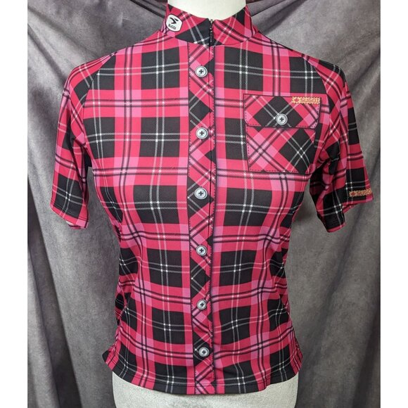 Sugoi Lumber Jane Pink And Black Plaid Cycling Jersey With Pockets Size Small - Picture 12 of 16